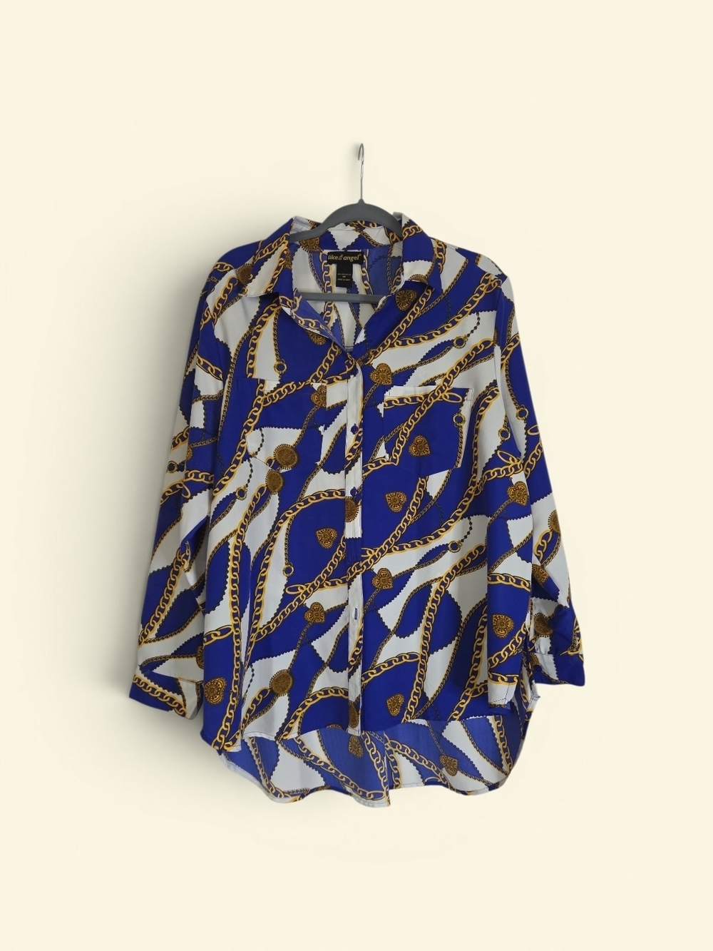 Blue & White Chain Print Button-Up Blouse